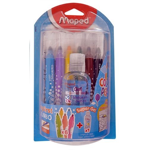 Plumones Jumbo 6pzas Maped y gel limpiador